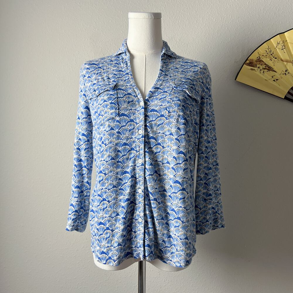 j. mclaughlin blue floral linen collared button shirt long sleeve blouse top